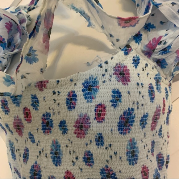 LoveShackFancy Kodie Floral Printed Smocked Off Shoulder Ruffle Mini Dress Sz M - Picture 5 of 8